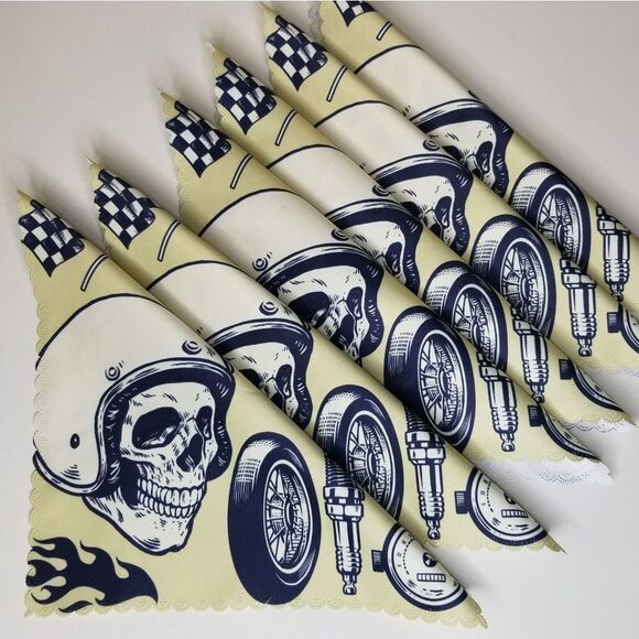 MOTORCYCLE Race Skull Helmet Scalloped Edge Fabric Table Napkins Set of 6 - Picture 1 of 8